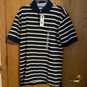 Men’s Tommy Hilfiger Striped Polo T-Shirt, Navy Blue & Yellow, Size: Medium